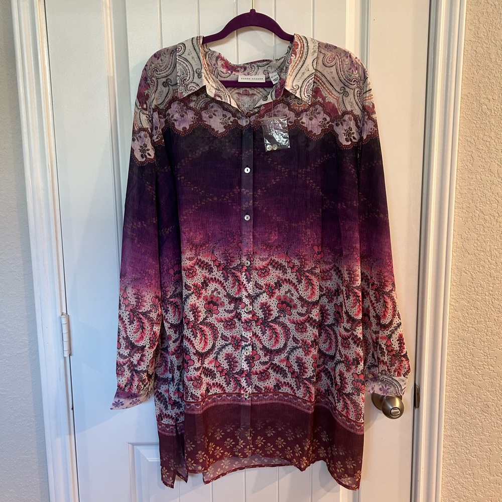 NWOT Susan Graver Purple Flower Print Button Up Top